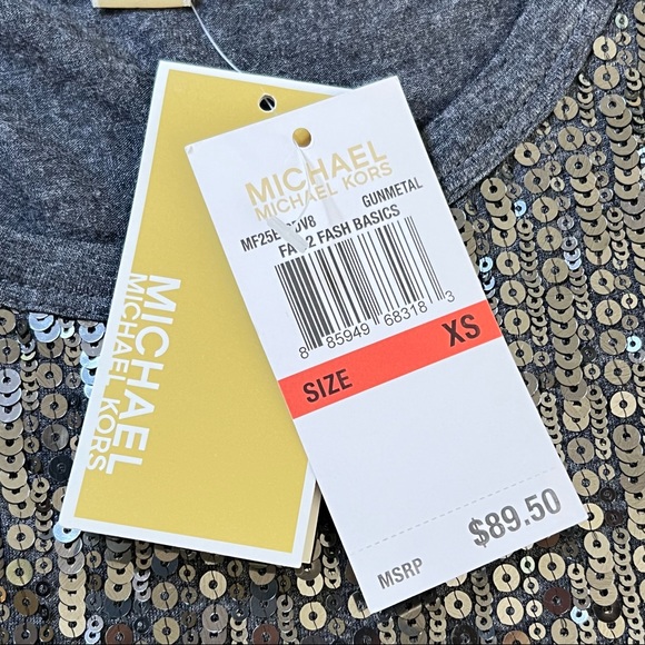 MICHAEL Michael Kors Gunmetal Sequin Scoop Neck Top with Cap Sleeves XS NWT - Picture 9 of 10